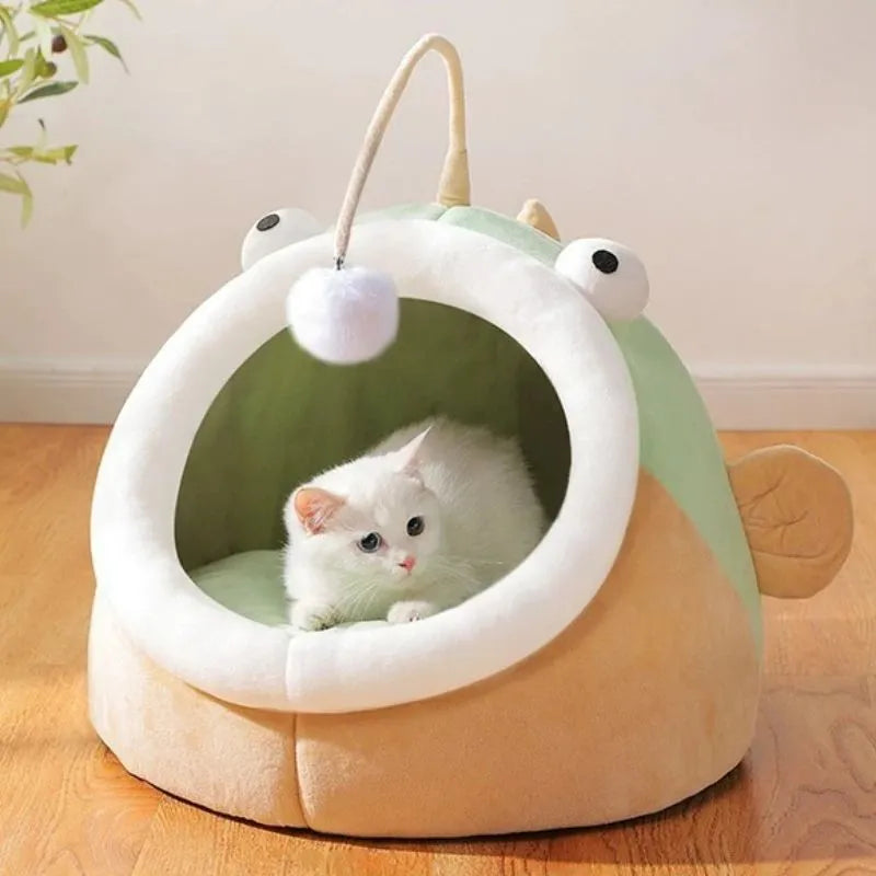 Grey semi-closed cat house with deerskin velvet interior in medium size
