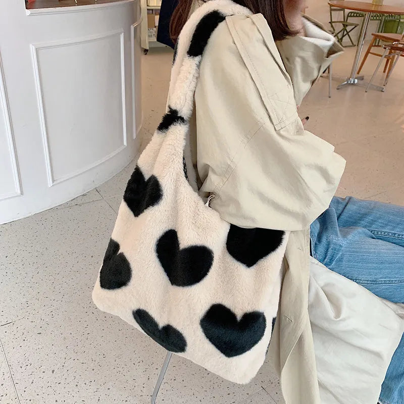 Love heart double side plush shoulder bag in beige with soft handle and double straps