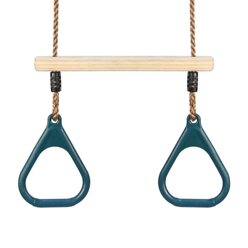 Children's horizontal bar with wooden ring swing in green, 57.5x169 cm, for indoor outdoor arm exercise