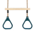 Children's horizontal bar with wooden ring swing in green, 57.5x169 cm, for indoor outdoor arm exercise