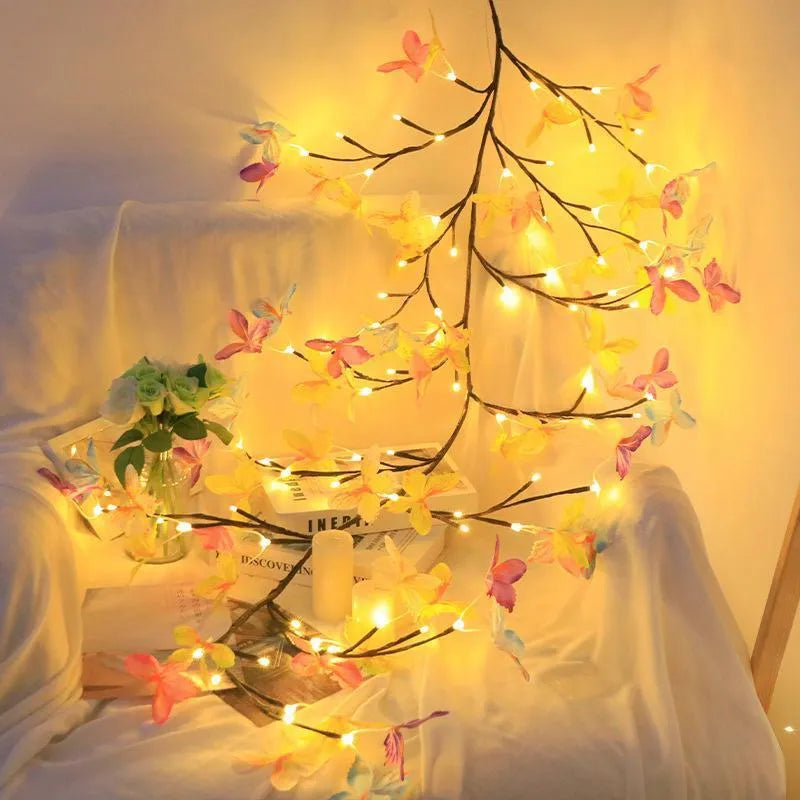 USB-powered LED butterfly tree rattan lamp with flexible 1.8 metre design and coloured accents