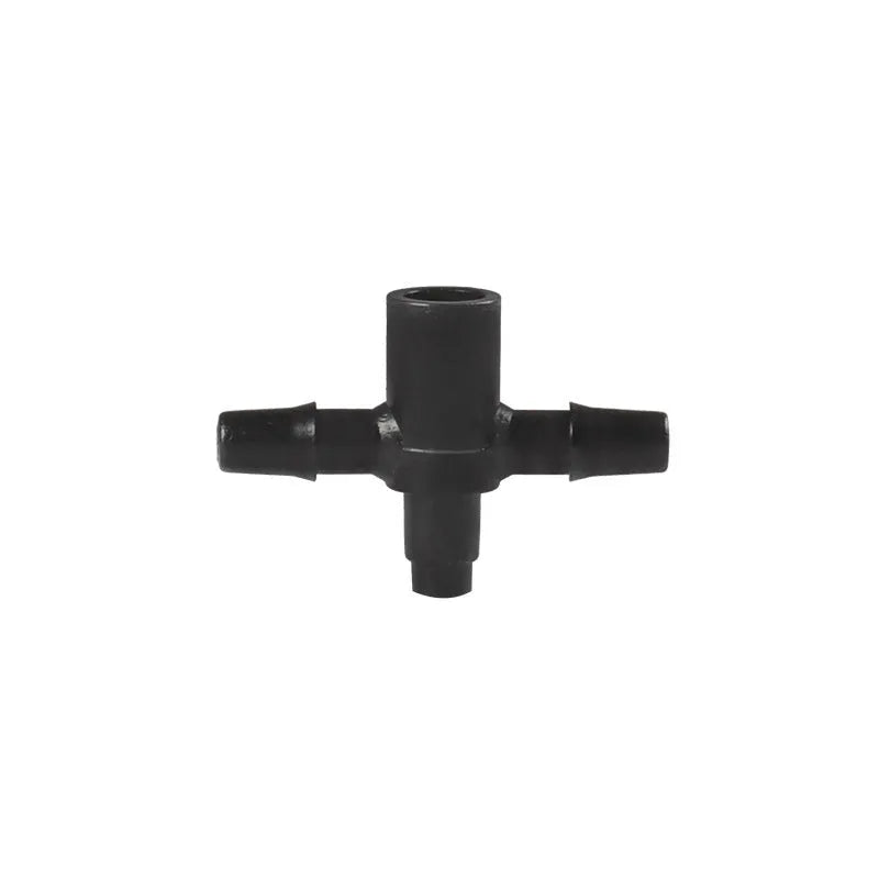 A white plastic tee water distributor joint for micro spray irrigation systems.
