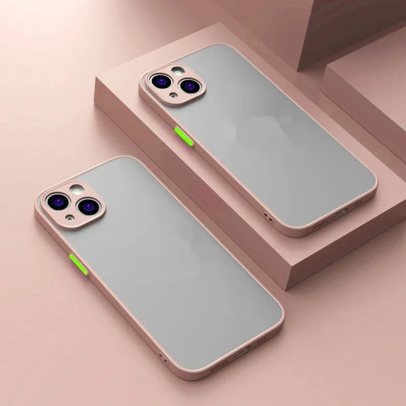 Frosted magnetic iPhone case for MagSafe charging on a table, showing colour options.