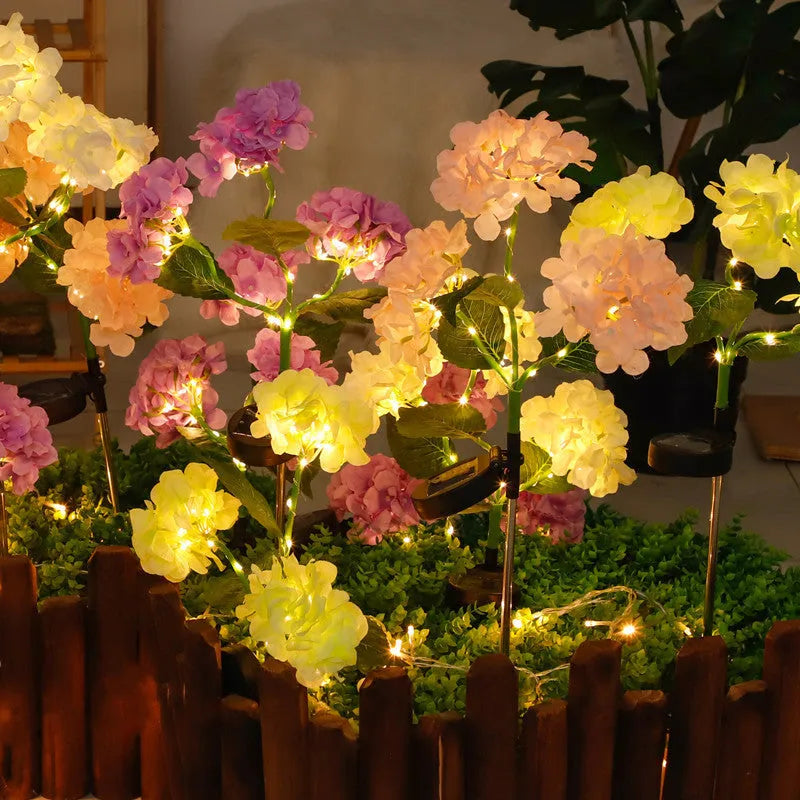 Solar hydrangea garden lights in five colours with rubber construction for outdoor decoration
