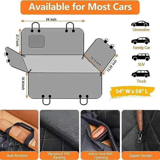 Orange pet car seat mat with pocket, 137x147cm, water and dirt resistant anti-bite cloth cover for dogs