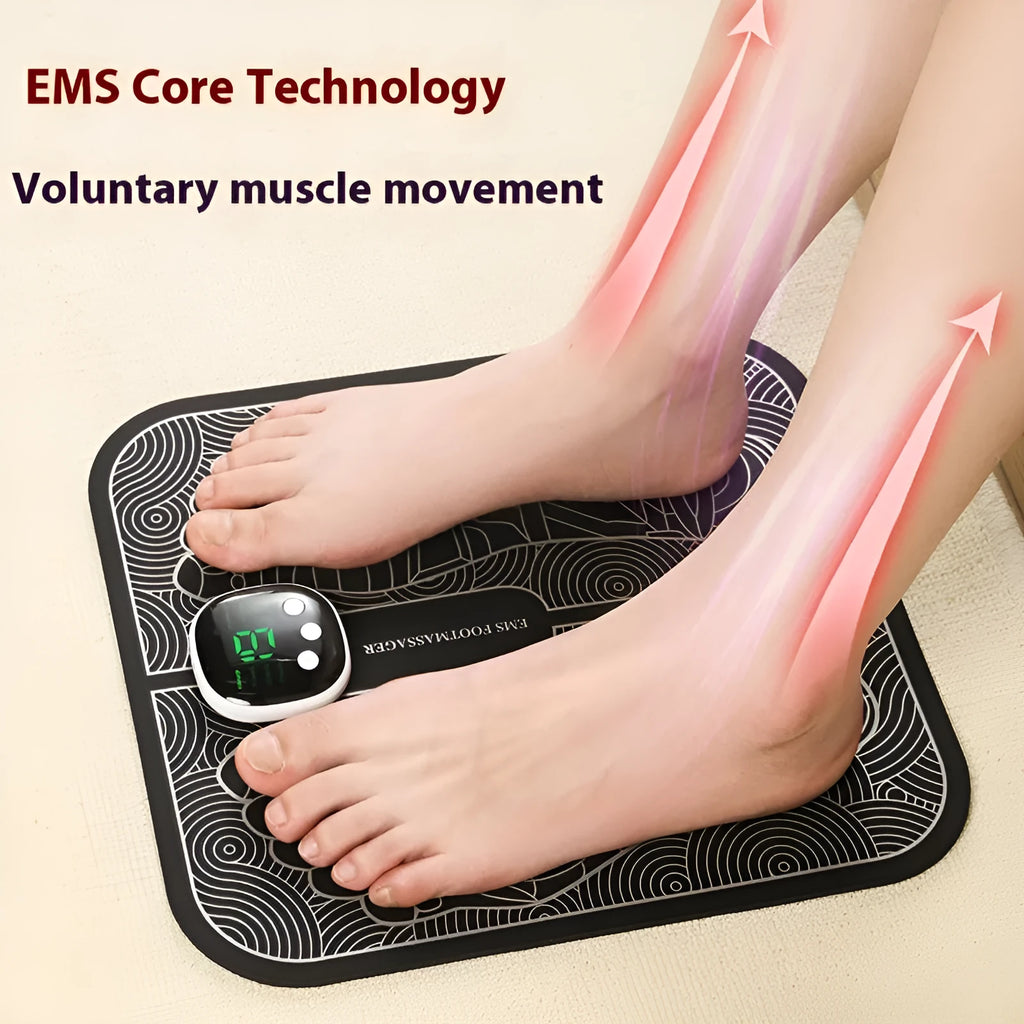 Blue USB rechargeable reflexology foot massager mat with push-button controls on colour box