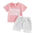 Baby girl letter print short-sleeve suit in pink, cotton mixed blouse and trousers set, casual style