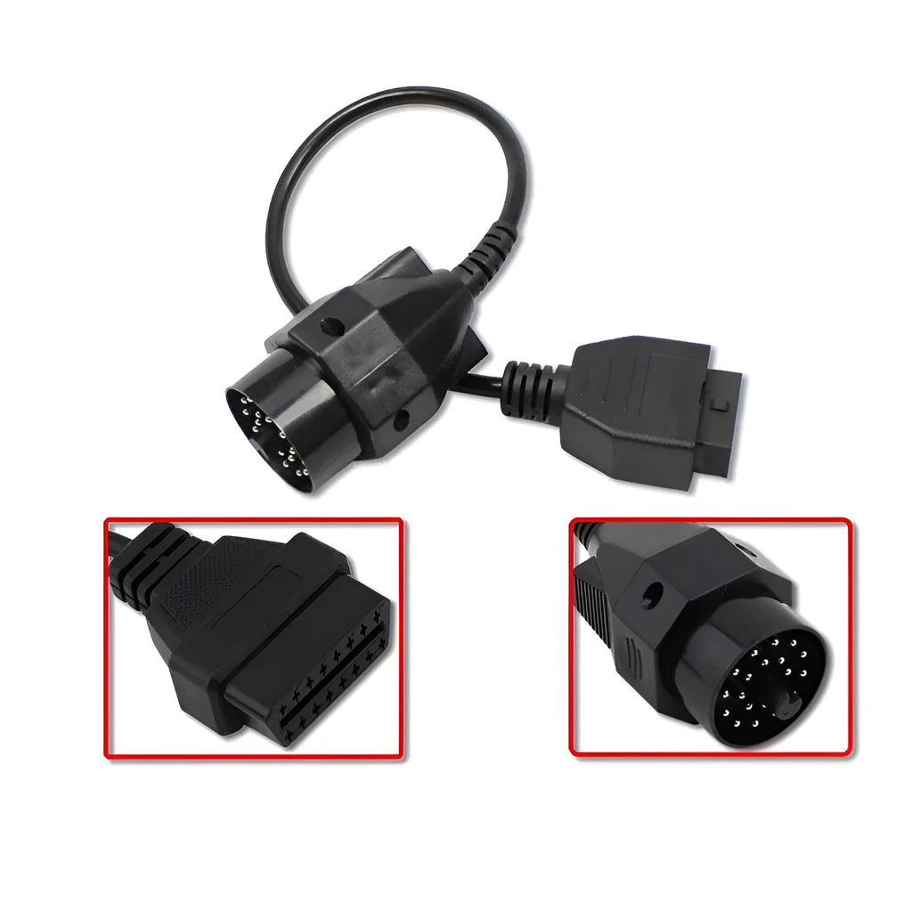 OBD2 adapter cable with a black BMW 20-pin plug and a standard 16-pin female OBD2 socket on the ends.