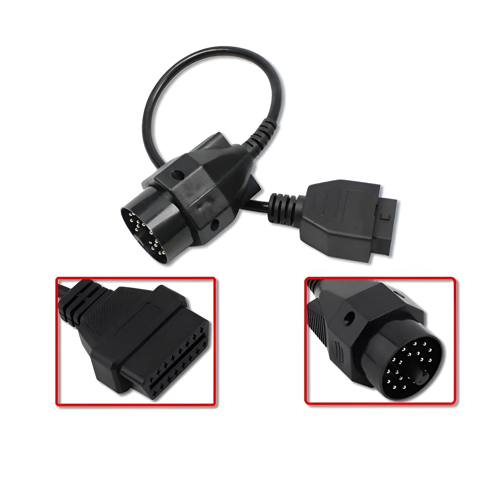 OBD2 adapter cable with a black BMW 20-pin plug and a standard 16-pin female OBD2 socket on the ends.