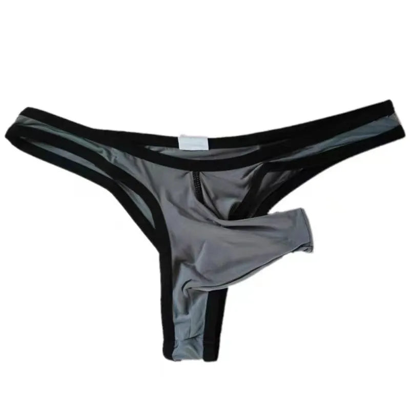 Ice Silk fabric men's briefs in army green, shown flat, with size and colour tags visible.