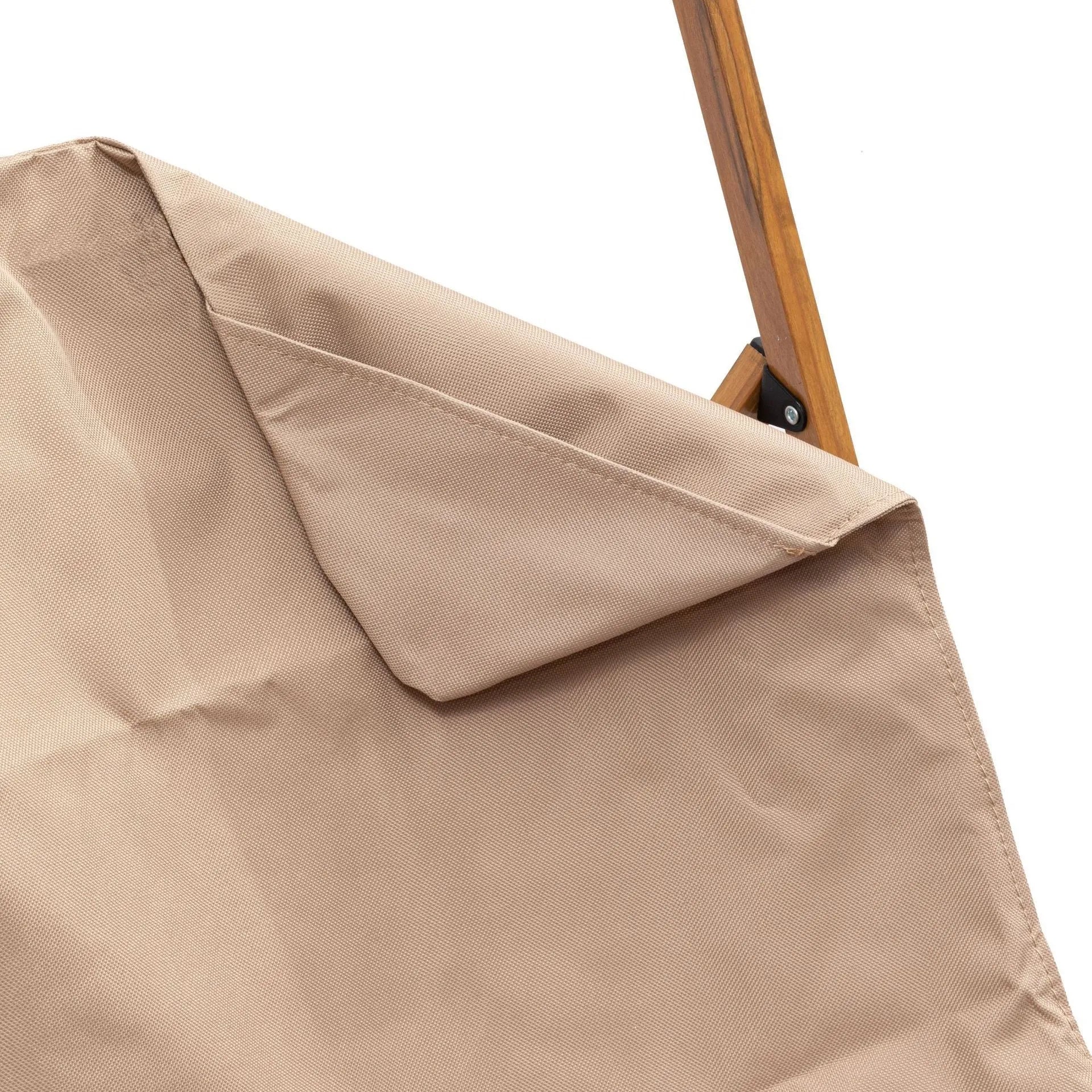 Folding camping chair with wood grain aluminium frame, rotating seat, and handrails in khaki colour