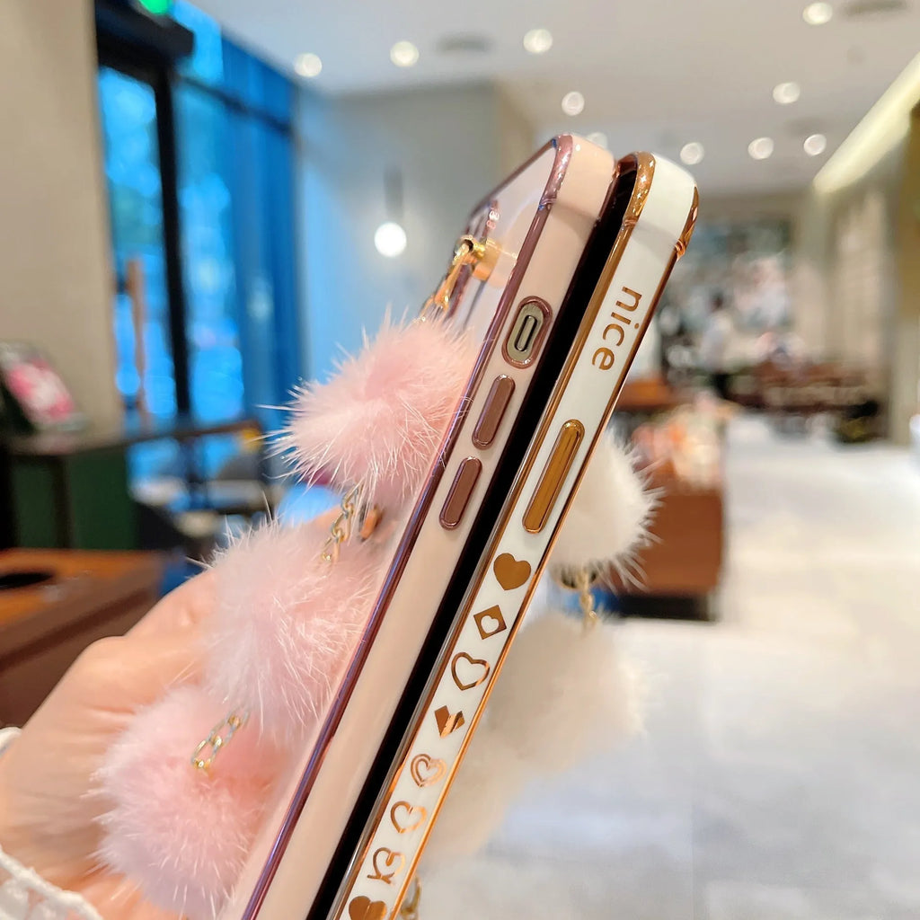 Electroplated TPU phone case with plush bracelet for iPhone, black colour, showing back and side coverage