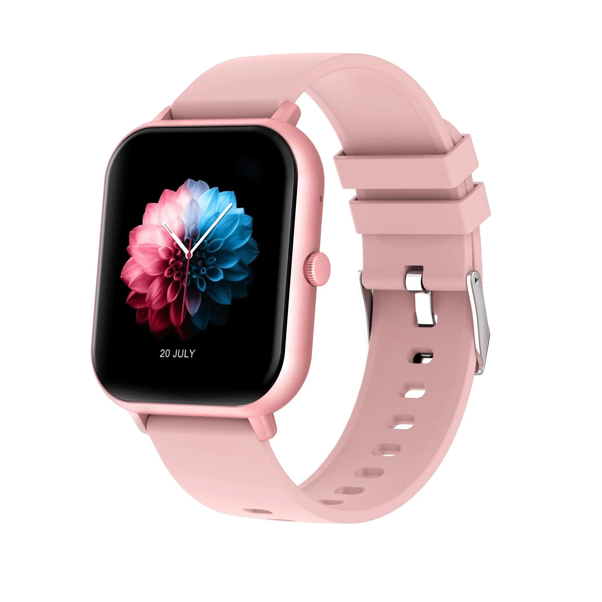 Bluetooth smart watch with heart rate monitor on wrist in black, silver grey, and pink colour options.