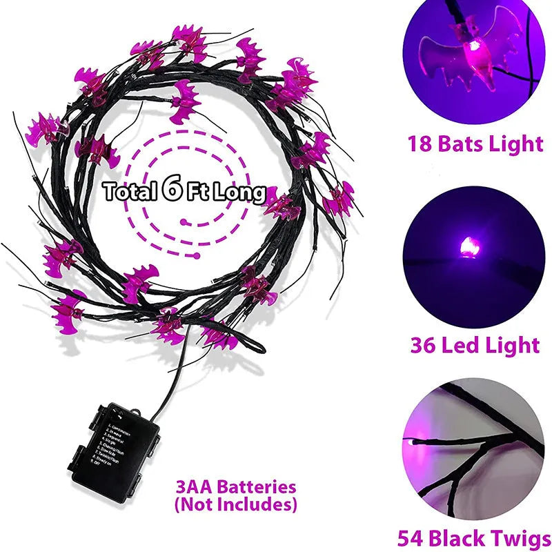 Halloween LED willow vine string light with 18 bat and 18 pumpkin rattan lights on a 2-metre vine with 100 LEDs