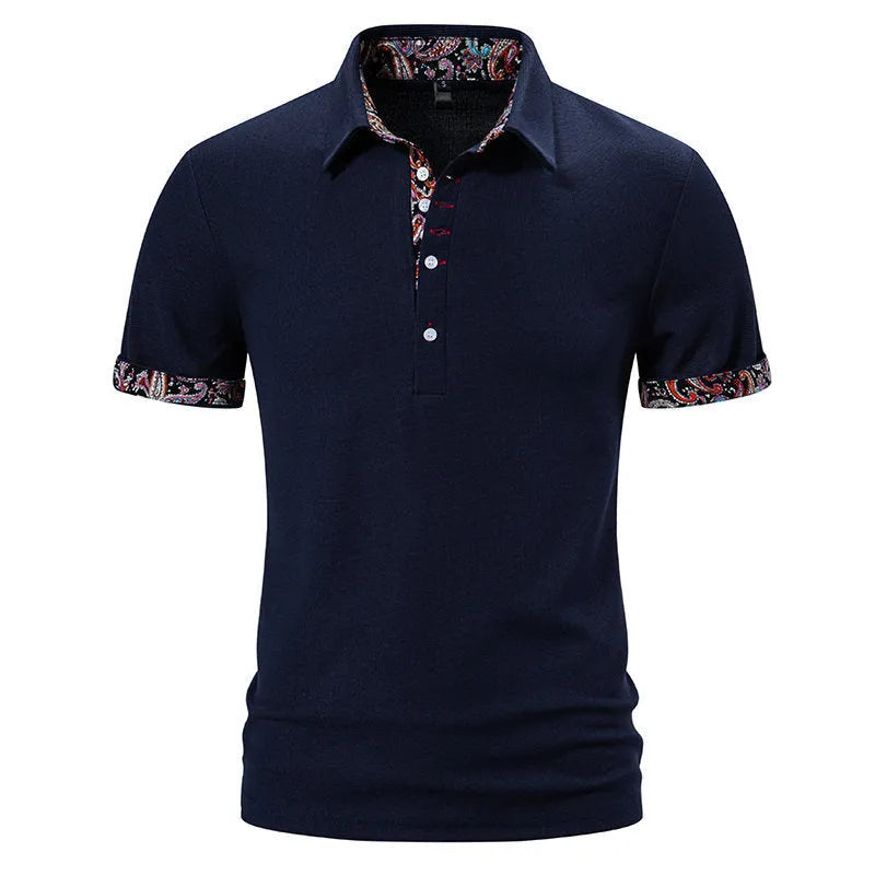Men's navy blue cotton blend polo shirt with a turnover collar and short sleeves on a hanger.
