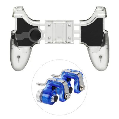 Black wired mobile phone gaming controller with ergonomic handle and physical buttons plugged into a smartphone.