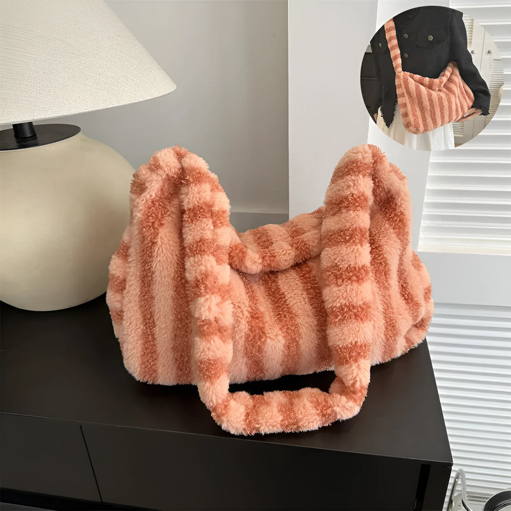 Large-capacity striped plush tote shoulder bag for women in winter, available in multiple colours