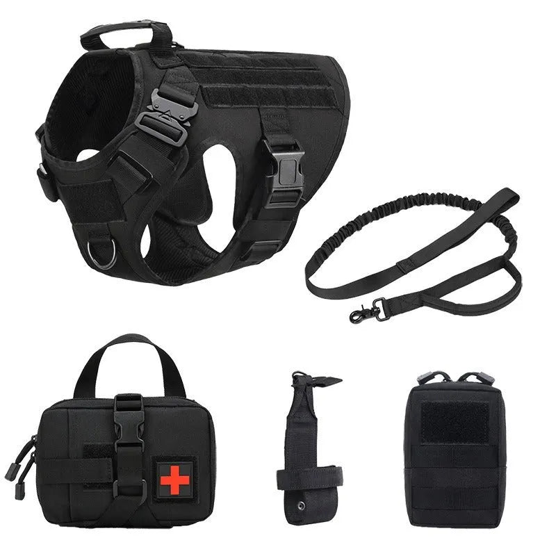Outdoor tactics five-piece dog harness set in polyester camouflage, available in four colours and sizes S to XL