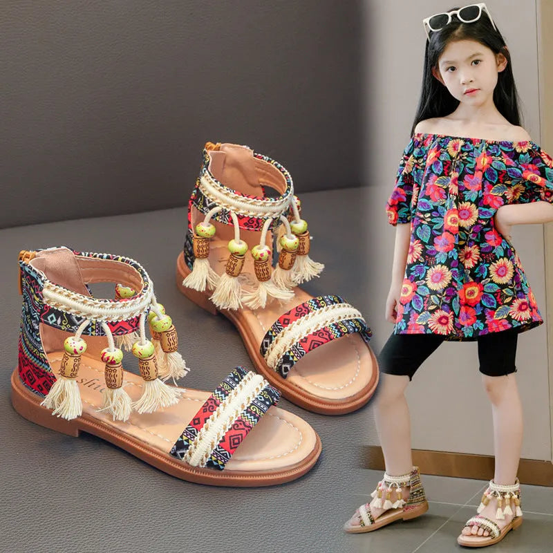 Children's Roman sandals with beaded detail, back zipper, cloth upper, black colour, retro style