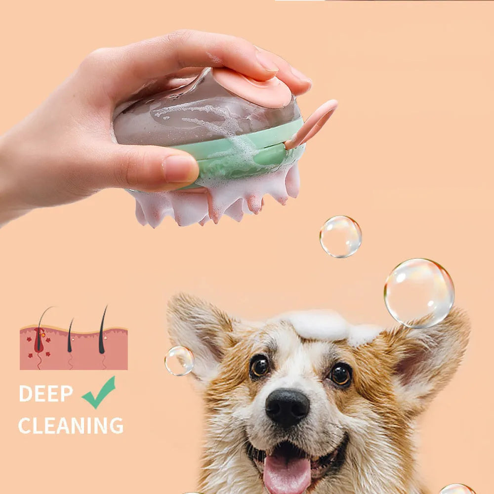 Blue 2-in-1 pet grooming brush with shampoo dispenser for bathing cats and dogs