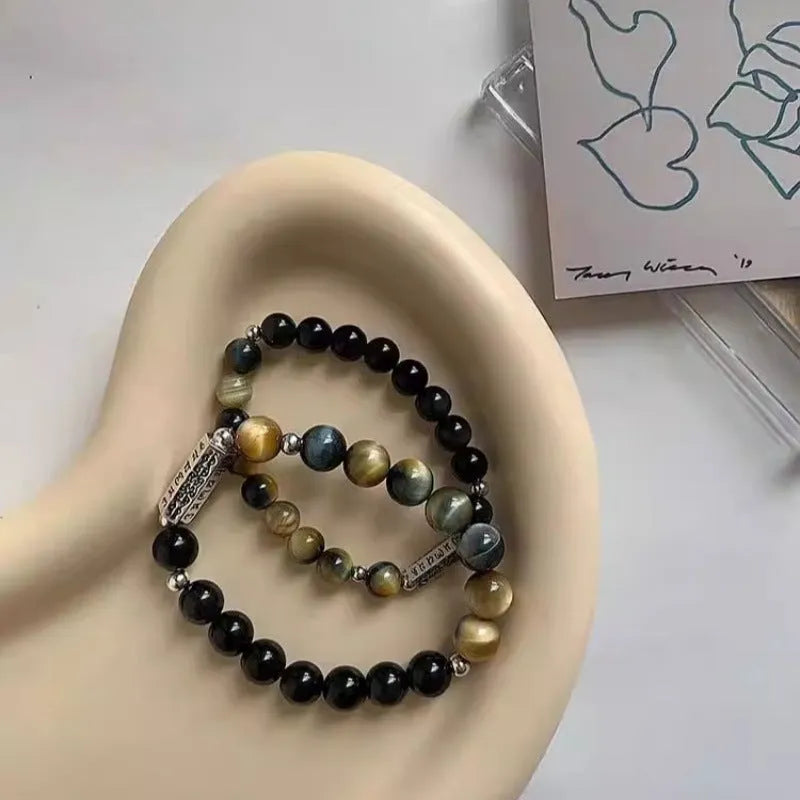 Tigereye Obsidian stone and sterling silver bracelet with geometric round beads and mantra engraving