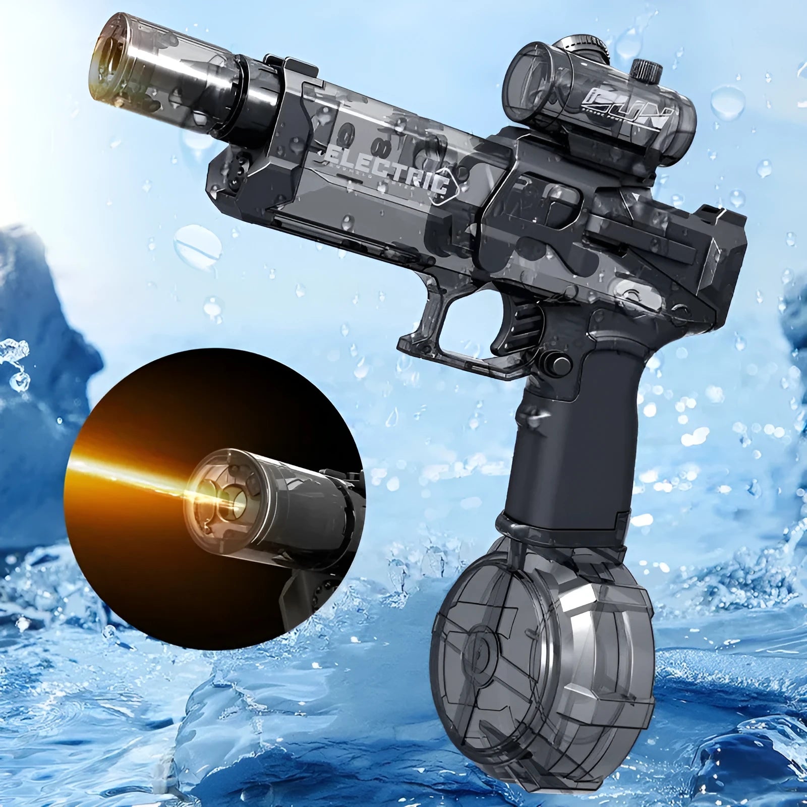 Fire Rat electric water pistol with cool light, automatic spray, black and blue colours, 8-10 metre range
