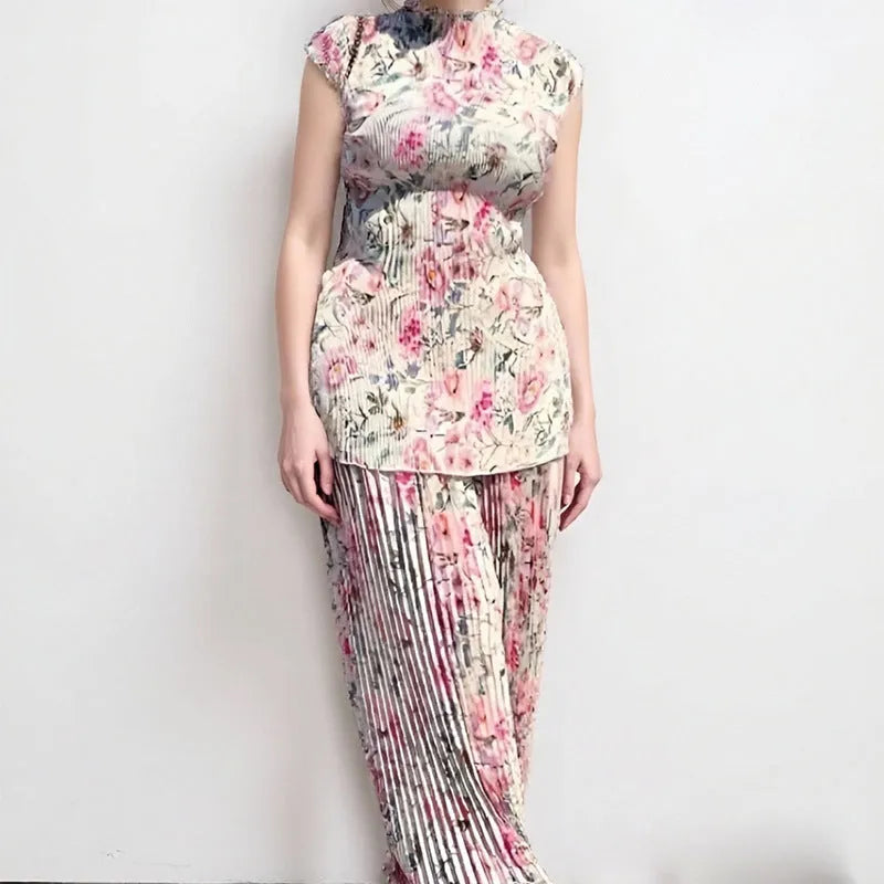 Long sleeve printed chiffon dress with matching high waist skirt in floral pattern