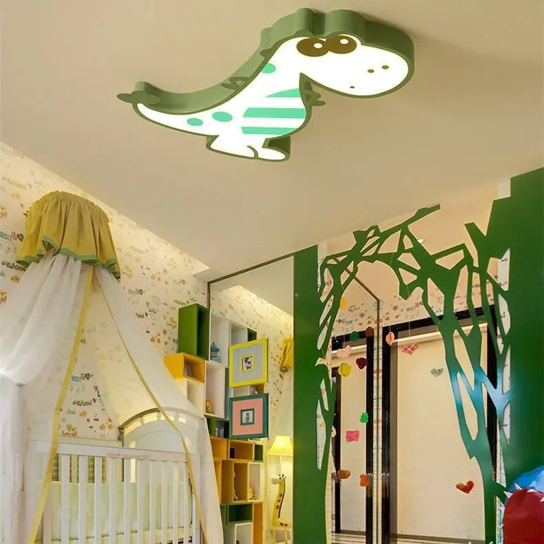 Cartoon dinosaur ceiling light with aluminium body and PVC shade measuring 48cm diameter