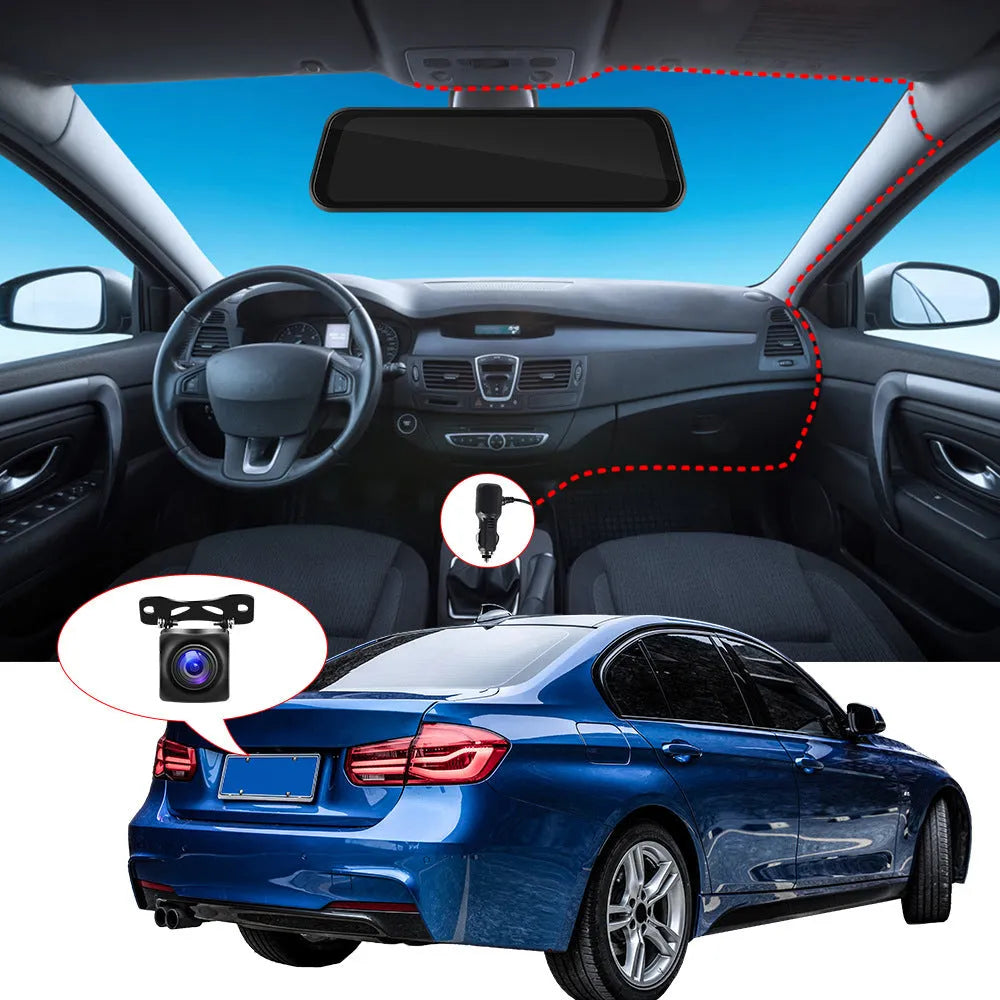 9.66-inch HD car dash cam with touch screen displayed on a car windscreen.