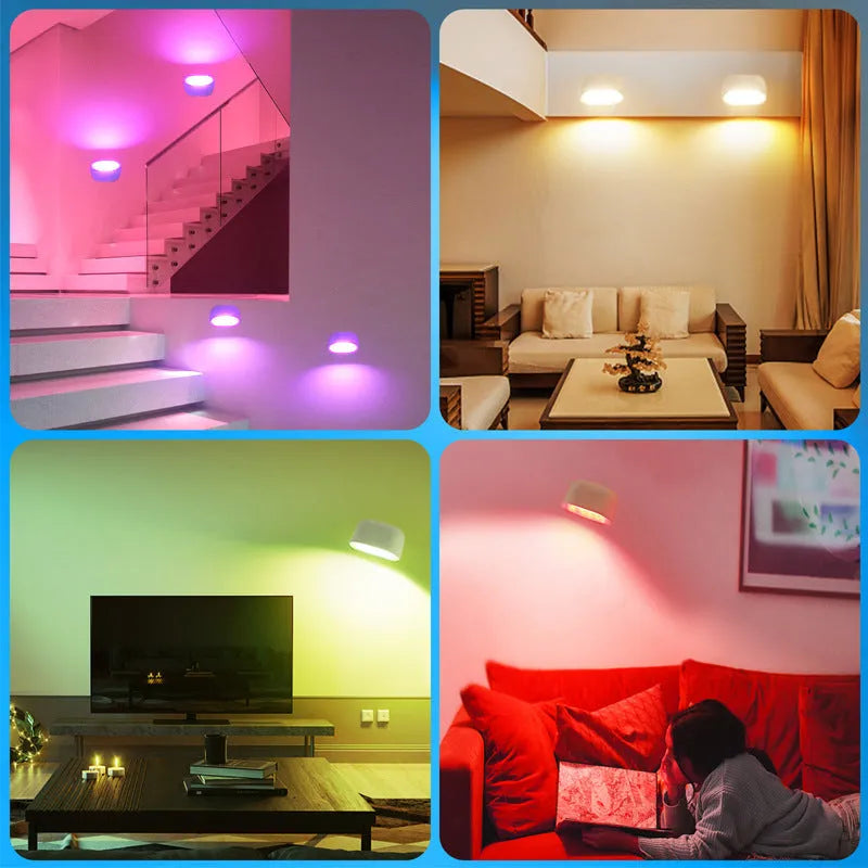 White remote control magnetic wall lamp showing touch panel and adhesive mounting.