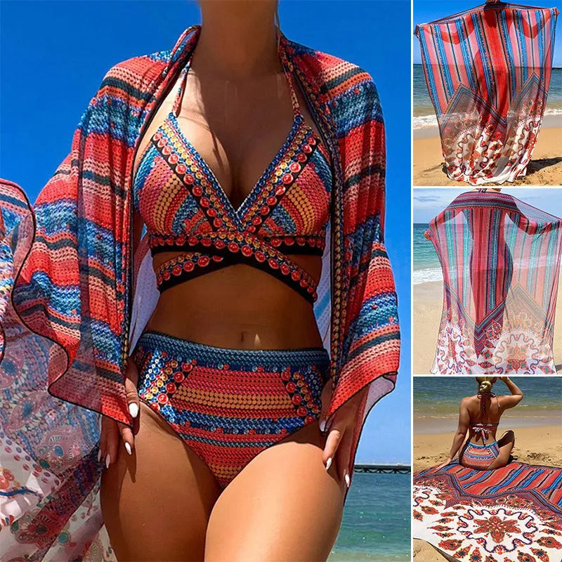 Women's three-piece polyester swimsuit set with a cutout blouse, high-waist briefs, and a coat in picture colour.
