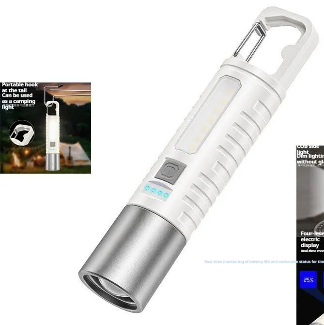 High-power ABS telescopic zoom flashlight with keychain, 800mAh battery, black body, portable outdoor illumination tool