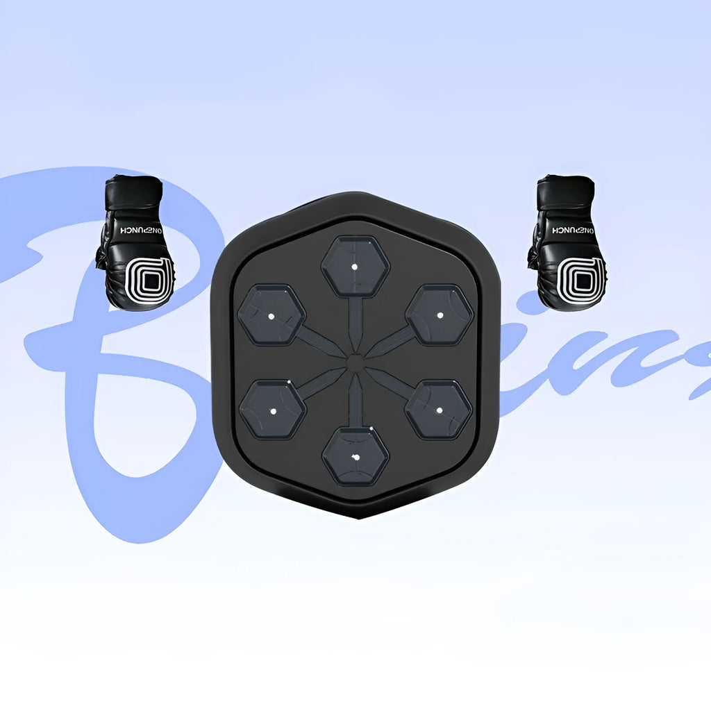 Black smart music boxing machine with Bluetooth connectivity and Velcro straps.