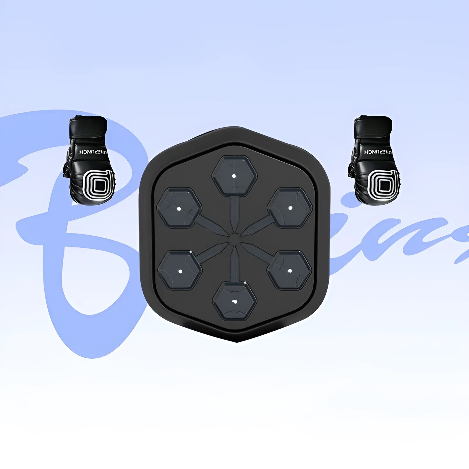 Black smart music boxing machine with Bluetooth connectivity and Velcro straps.