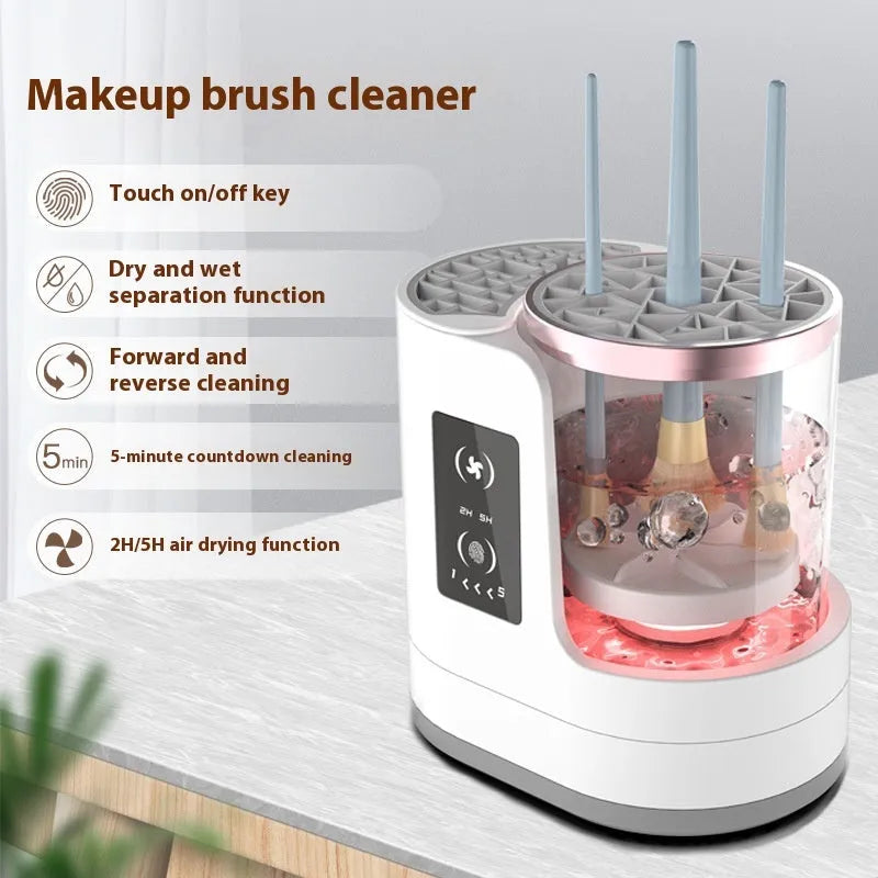 Electric makeup brush cleaning device with drying chamber showing brush placement and compact design