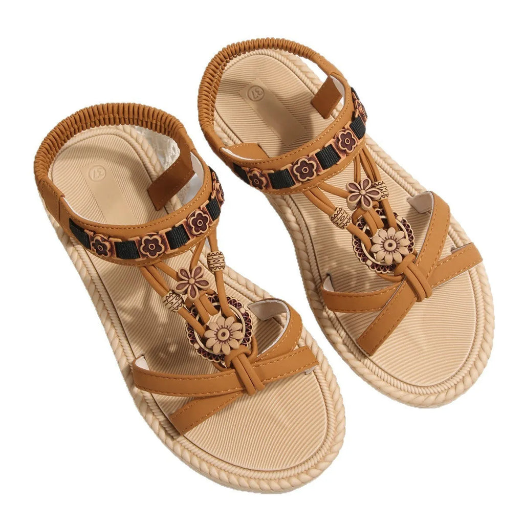 Flat bottom beaded sandals with ultra-light rubber sole and frosted PU lining, Black or Brown, sizes 36-43