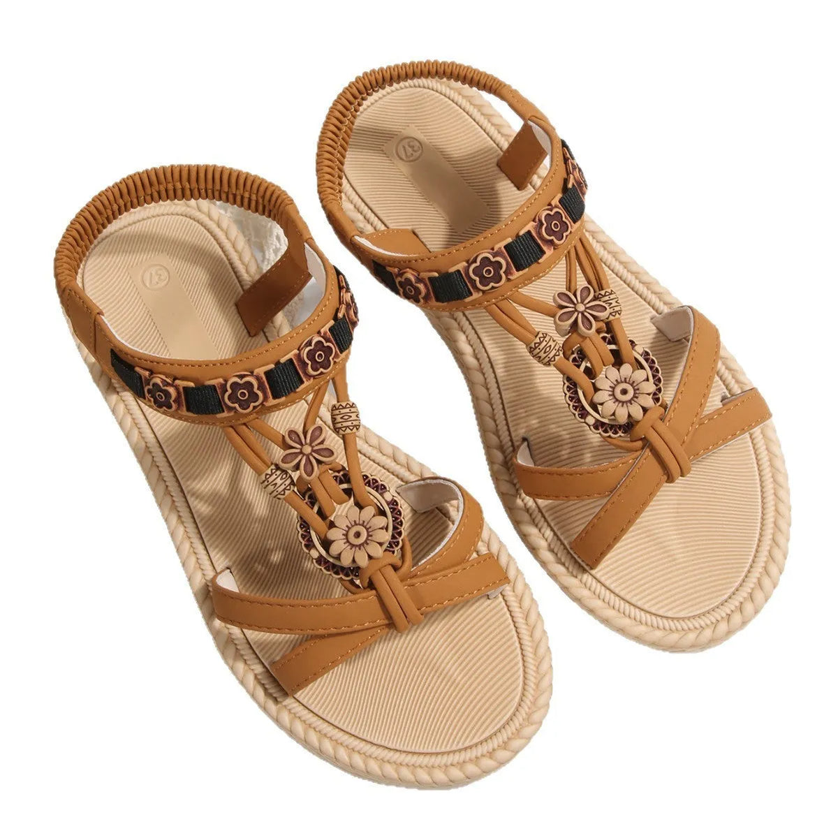 Flat bottom beaded sandals with ultra-light rubber sole and frosted PU lining, Black or Brown, sizes 36-43