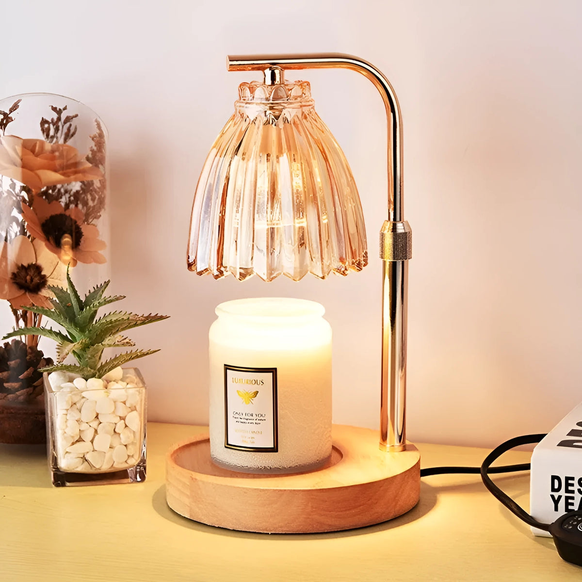 French retro fragrance table lamp in striped champagne gold with dimming and UK plug option