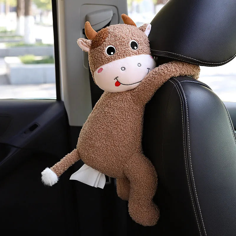 Soft plush car headrest tissue box holder in a cute animal character style.