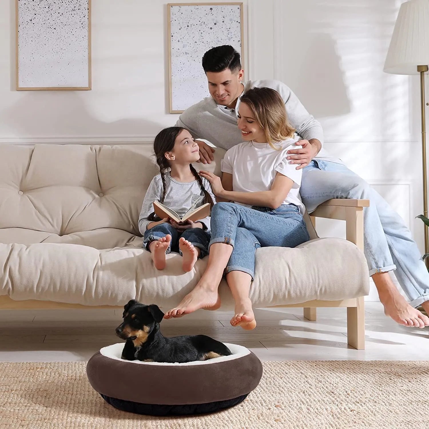 Circular soft cloth pet bed nest in blue colour showing raised edges and nesting area