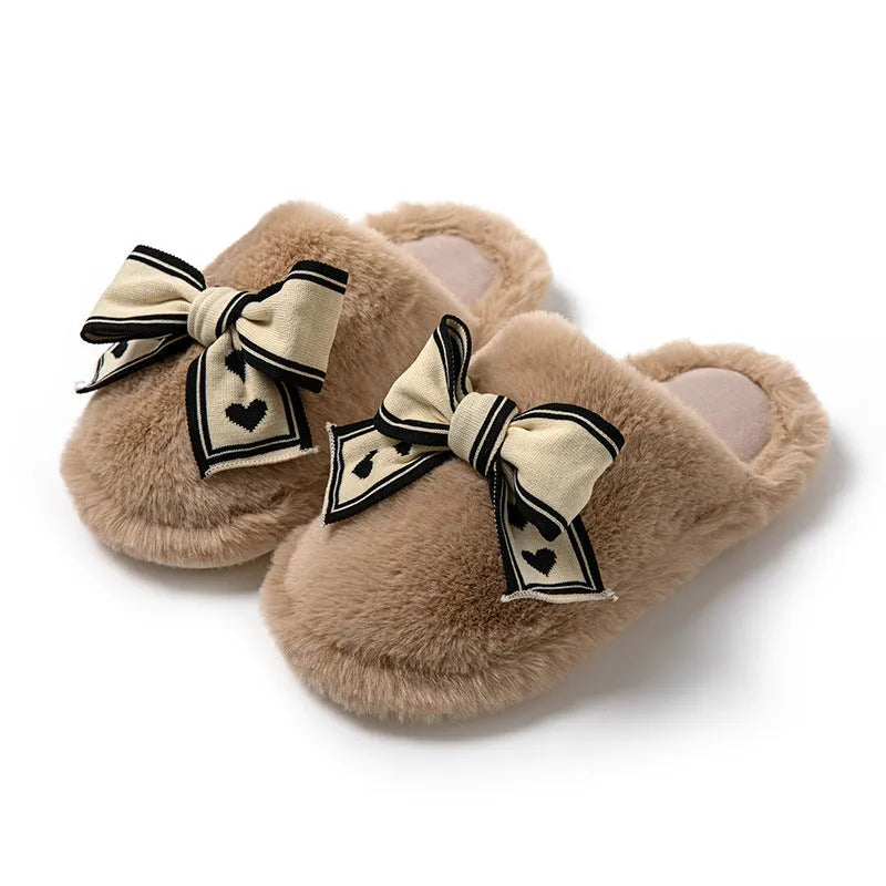 Bowknot cotton slippers home plush slippers for women adult warm indoor footwear black brown pink white width