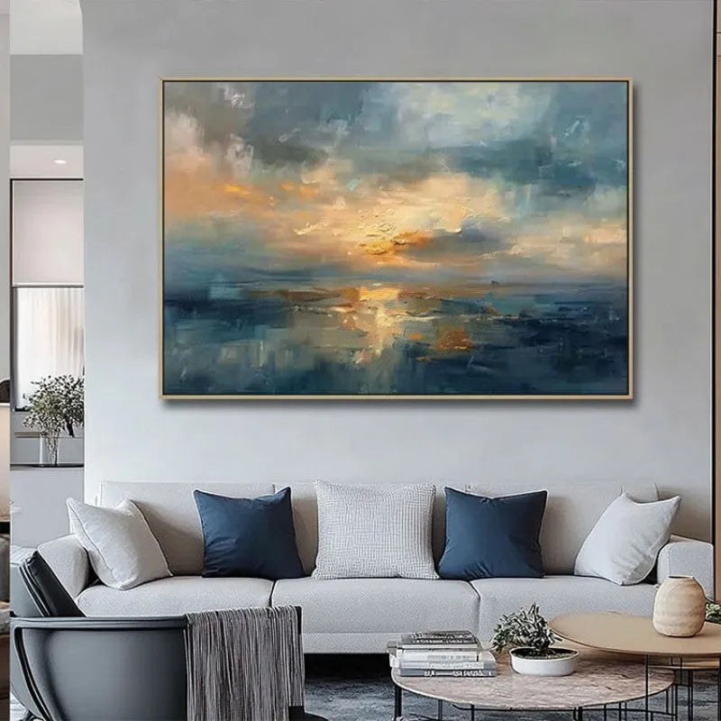 Hand-painted oil painting on canvas, abstract sunset landscape, horizontal unstretched art for home