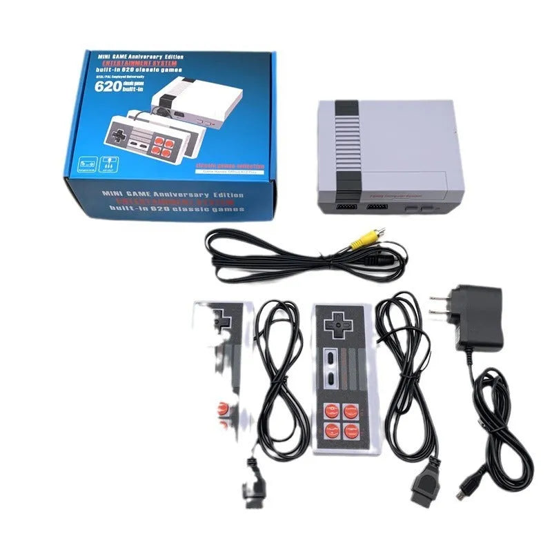 Compact black NES retro game console with two controllers on a table, showing AV and power ports.