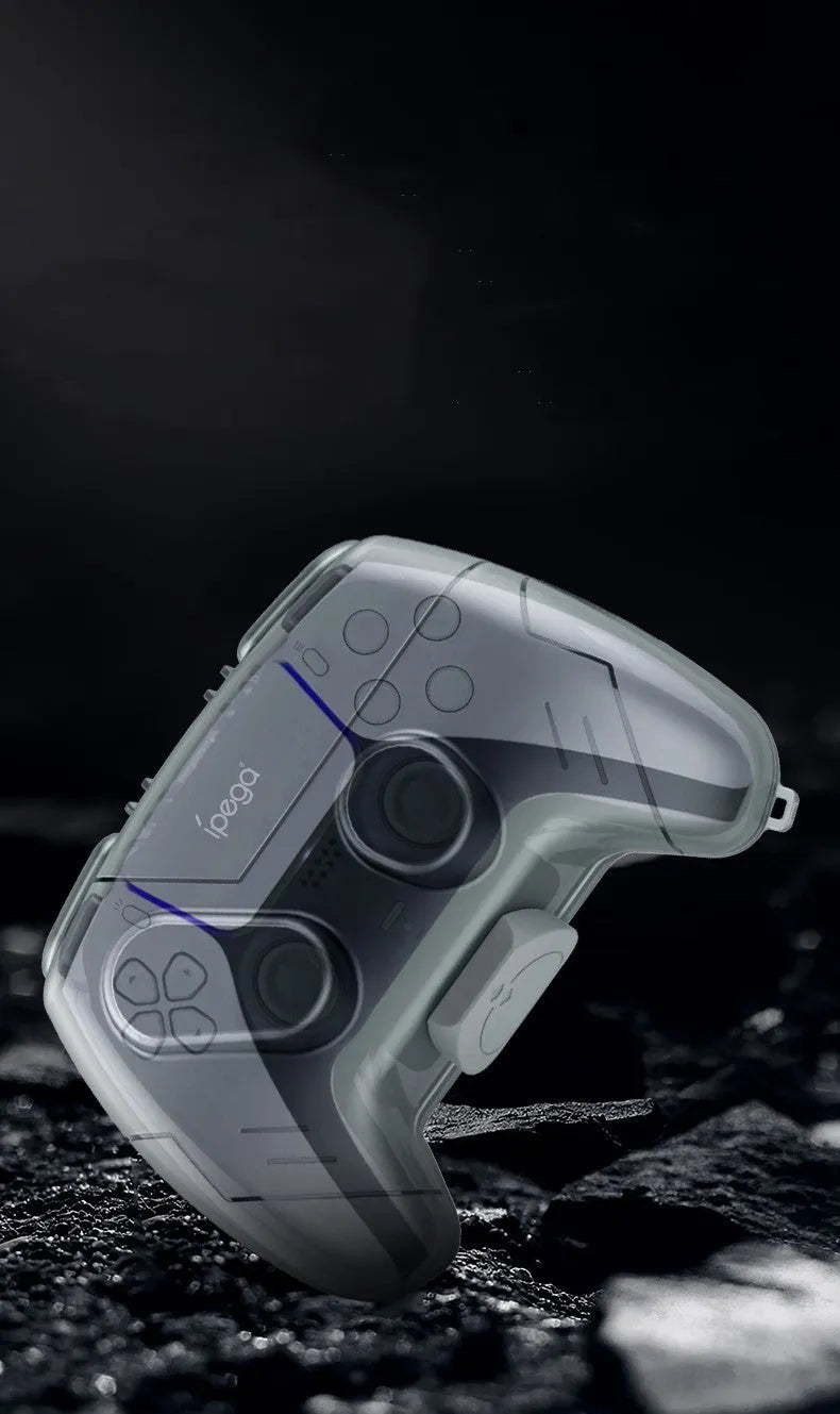 Transparent grey hard plastic protective case for a game controller.