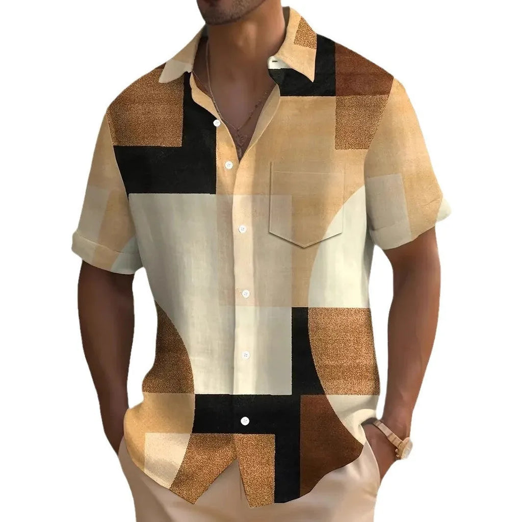 Men's loose cardigan shirt with retro geometric contrast colour 3D print on elastic polyester fabric
