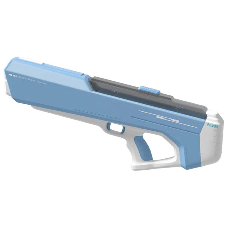 Fully electric water gun in sky blue with automatic water intake and 12m range for summer play
