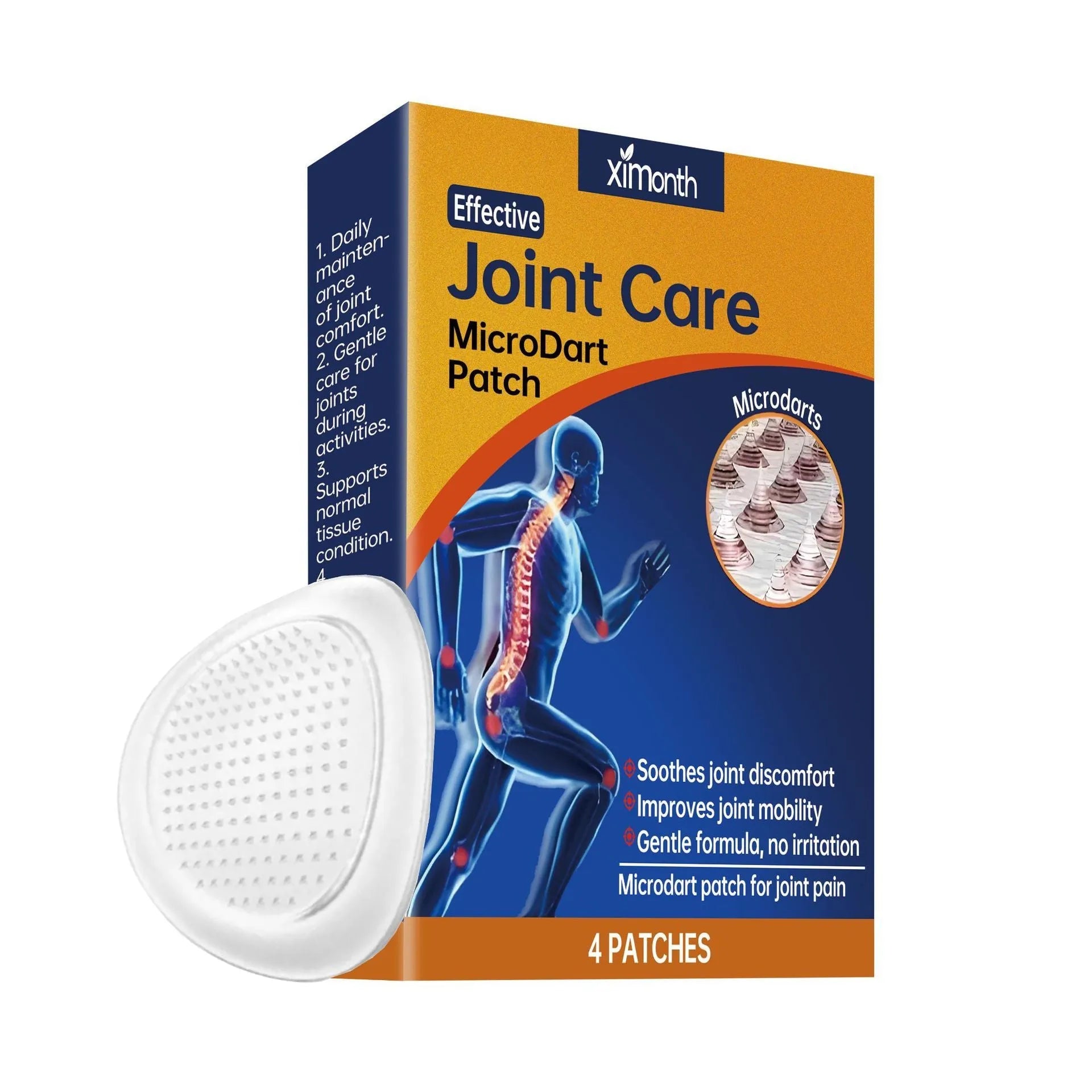Pack of four joint care microneedle adhesive patches with moxa, ginger and bee venom ingredients.