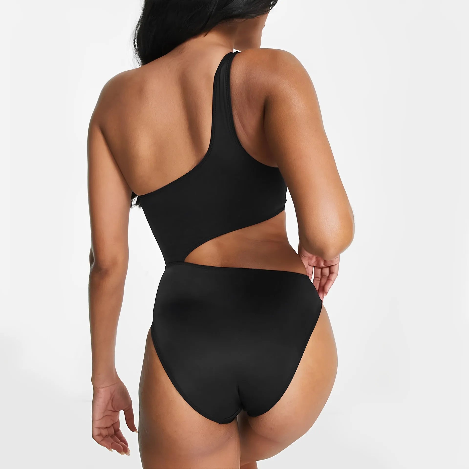 Black women's one-piece swimsuit with white contrast stitching and hollow detailing, sleeveless design.