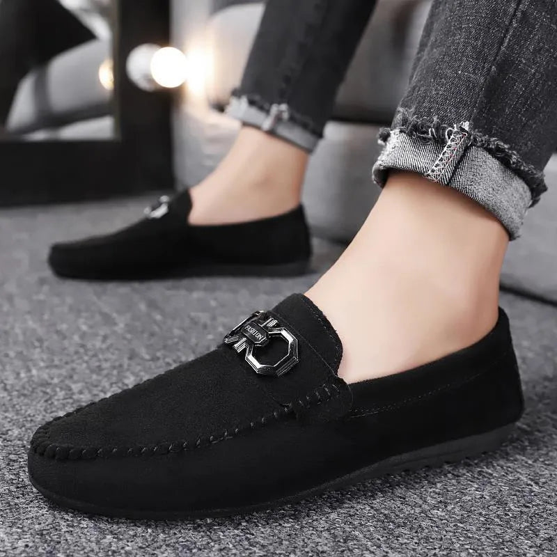 Men's black and grey casual summer shoes with suede and cowhide upper and rubber sole