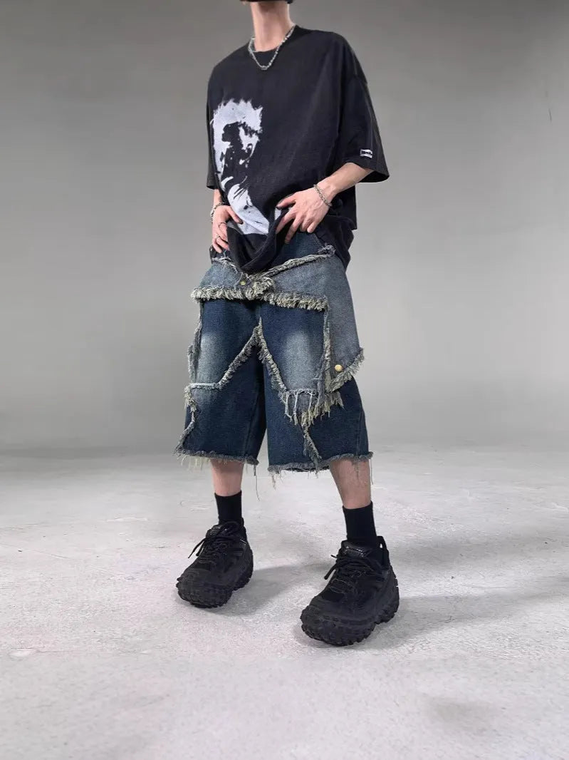 Men's blue retro denim shorts with frayed hem and five-pointed star decoration, loose fit style